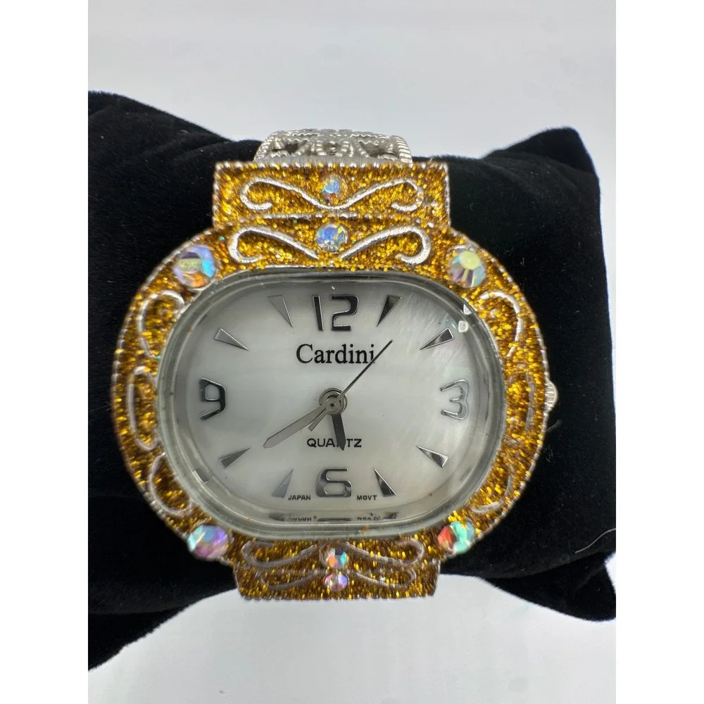 Cardini Two Tone Watch Crystal Gold‎ Silver Filigree Bangle Coquette Statement